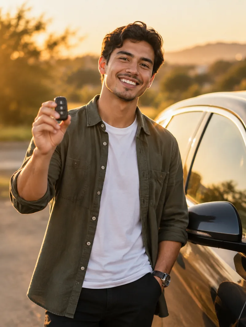 A happy young man holding up the key to the car he was just approved for at Reids Auto Connection.
